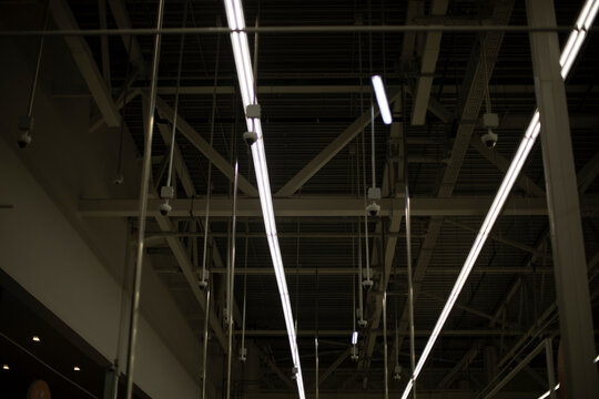 Lights on ceiling. Interior of building. Fluorescent Light.