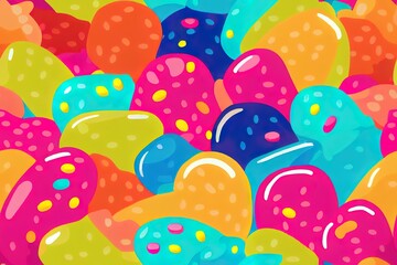 Colorful Fruity and tasty Sweets and Candies. Various Gummy and Jelly Worms, Beans, Bears. Hand drawn 2d illustration Trendy illustration. Cartoon style. Set of three Seamless Patterns. Backgrounds