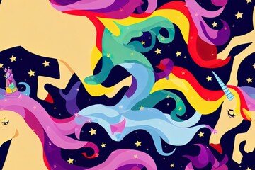 2d illustration seamless childish pattern with princess, unicorns, stars, rainbow and other elements. Fairy hugging unicorn 2d illustration illustration. Seamless pattern with cartoon princess for