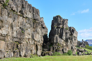 Rock walls of Almannagja Fault in Thingvellir National Park, Iceland on a clear summer day.