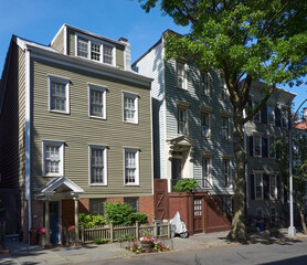 Three early 19th century wood frame houses on Middagh Street in Brooklyn Heights, NYC with...