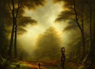 Obraz na płótnie Canvas Walking Fall Road Forest Leaves Trees Couple Autumn Walk Winter Woods Silhouette Path Dog Fog Nature Dark Park Sunset Morning Woman Person Tree People Landscape