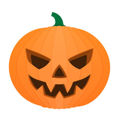 Scary orange pumpkin jack-o-lantern with creepy toothy smile. Traditional decoration, symbol of Halloween holiday celebration. Flat cartoon style vector illustration for poster, banner, greeting card.