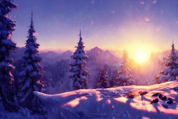 A winter snowy landscape at sunset, with snow-covered pine trees in a mountain location and snow in winter. 3D illustration