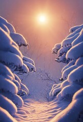 A winter snowy landscape at sunset, with snow-covered pine trees in a mountain location and snow in winter. 3D illustration. vertical view