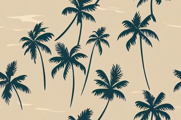Fototapeta na wymiar Retro seamless tropical island pattern on light beige ocean background. Landscape with palm trees,beach and ocean 2d illustration hand drawn style.Design for fashion,fabric,web,wallaper,wrapping and