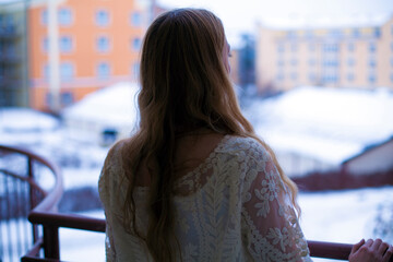Woman jumping from balcony depression suicide concept