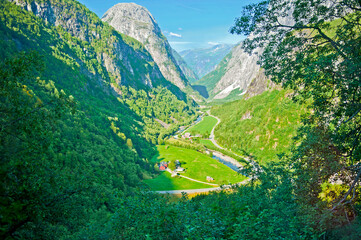 Breathtaking Norwegian landscapes on the Stalheimskleiva Road during a bus ride Gudvangen - Voss - Norway in a Nutshell tour.