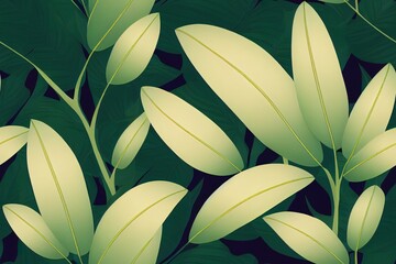 golden and green tropical leaves on a white background. Seamless pattern in the style of Jungalow and Hawaii. Botanical background.