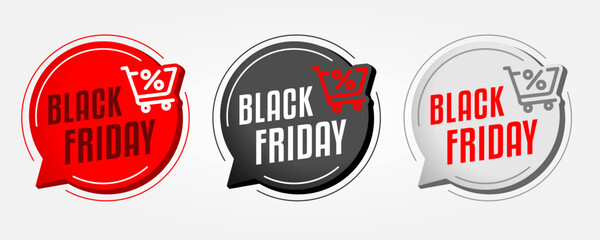 Fototapeta na wymiar Black Friday Sign. Red and Black Stickers. Black Friday Banner On White Background. With Shopping Cart Icon