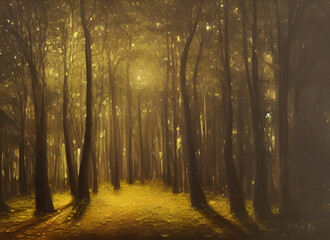 Obraz premium Green Sun Woodland Fall Tree Woods Foggy Sunrise Sunlight Morning Path Trees Summer Park Fog Autumn Spring Foliage Light Nature Road Forest Misty Landscape Mist