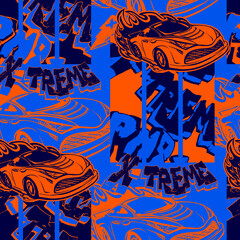 Speed sport car seamless pattern in blue and orange colors. Endless ornament with cars and fire track, graffiti text drawing in street art style. Automobile silhouette repeat print.