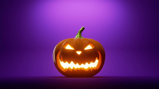 3d animation, halloween decoration, pumpkin with scary face, jack lantern glowing with inner light, isolated on purple background