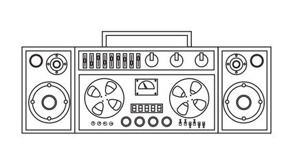Old retro vintage music cassette tape recorder with magnetic tape on reels and speakers from the 70s, 80s, 90s. Black and white icon. Vector illustration