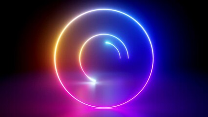 cycled 3d animation, hypnotizing intro. Moving through the endless tunnel made of neon rings. Glowing round frames, laser lines appear in the dark - Powered by Adobe