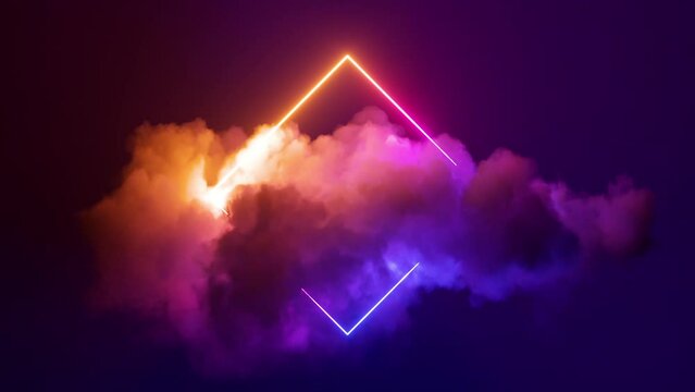 looping 3d animation. Abstract neon background with glowing square shape and spinning cloud. Blank geometric frame in the sky