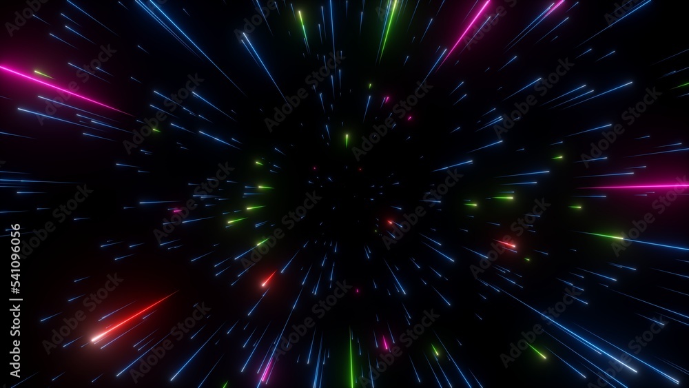 Poster 3d render, abstract dark background with colorful bright neon stars and glowing lines. space meteor 