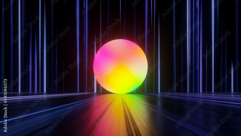 Wall mural 3d render, abstract neon background with colorful round shape in the dark room with floor reflection