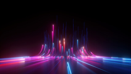 3d render, abstract futuristic neon background with glowing ascending lines. Fantastic wallpaper - obrazy, fototapety, plakaty