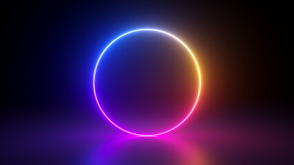 3d render, abstract geometric background. Glowing neon ring, gradient light. Blank round frame for product presentation