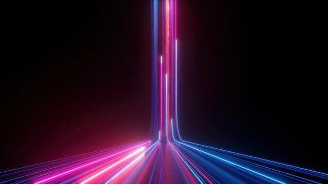 3d render, abstract background with glowing pink blue neon lines