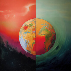 Planet earth painting in oil paint on wood, abstract and vibrant