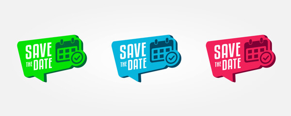 Save the Date Dialog Tags. Save the Date Sticker Green, Blue, and Pink On White Background