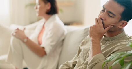 Asian couple, divorce or fight on sofa in house living room, home counseling or marriage affair therapy. Stress, anxiety or frustrated man or woman in breakup burnout or mental health depression help