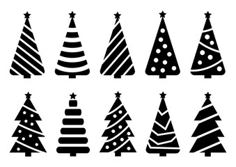 Christmas tree black silhouette. Vector set template for laser, paper cutting. Decorative ornate illustration. Trees for cards, flyers, print. Modern design for winter holidays. Home decoration