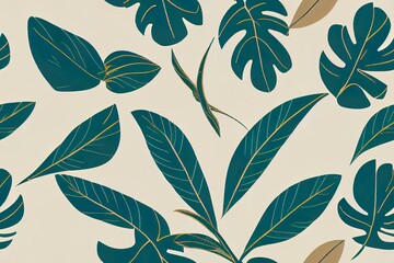 Ethnic tribal leaves and orchid flowers seamless motif pattern illustration. Folkloric vintage palm leaves and colorful plants with monstera. Fabric motif texture repeated. Beige color background.
