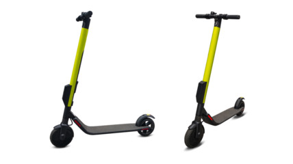 Lime urban electric scooter, kick city bike. Street motorcycle on business transportation background. Rider ecological transport concept.