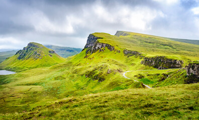 Fototapeta premium Quraing mountains landscape,summer season,the Isle of Skye,Highlands of Scotland,UK.