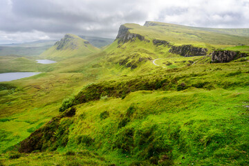 Fototapeta na wymiar Quraing mountains and lakes landscape,summer season,the Isle of Skye,Highlands of Scotland,UK.