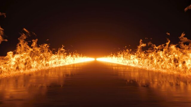 3d animated black background with blazing fire. Burning flames on both sides of the road