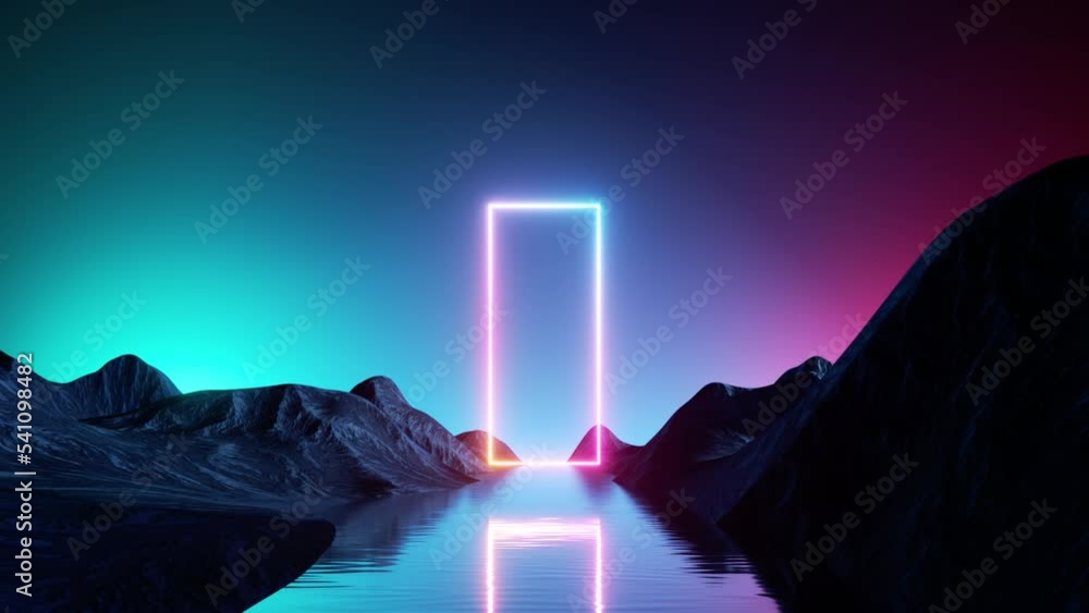 Wall mural looping 3d animation. moving forward, boat trip along the river towards the glowing neon rectangular