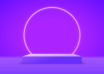 Product podium background 3d display stand neon circle room. Show podium product scene purple background.