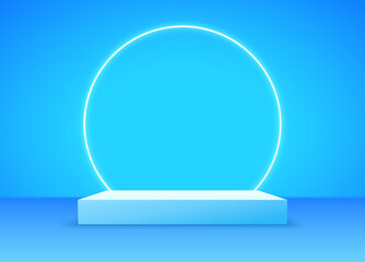 Product podium background 3d display stand neon circle room. Show podium product scene blue background.