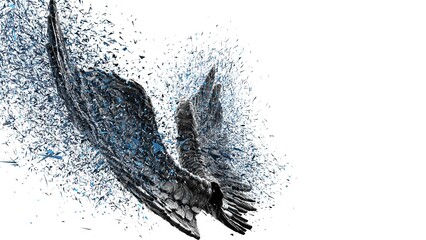 Black wings with blue particles under black-white lighting background. Concept 3D CG of free activity, decision without regret and strategic action.