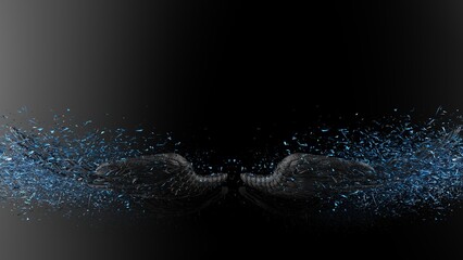 Black wings with blue particles under black-white lighting background. Concept 3D CG of free activity, decision without regret and strategic action.