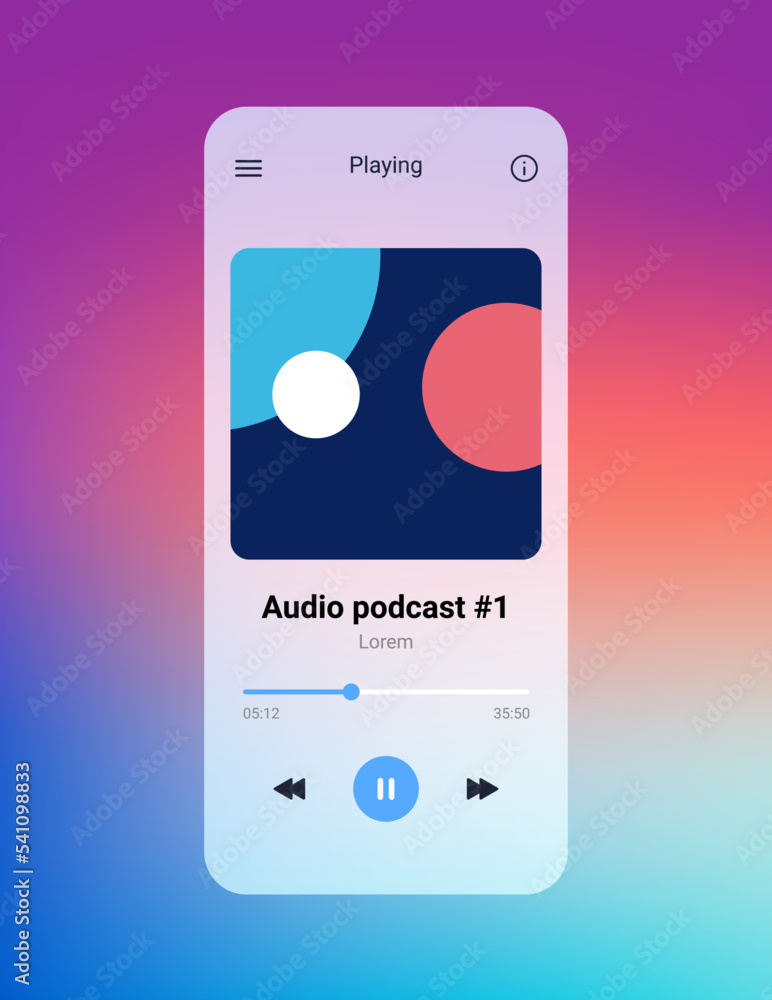 Poster music podcast player app template interface. audio mobile podcast music player background vector des