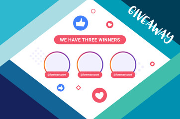 Giveaway template congratulation winner contest prize poster design. Giveaway event banner winner template vector.