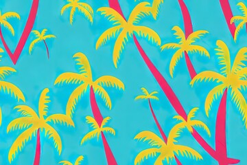 Obraz premium Summer Vacation theme. Palm Springs, California architecture and nature. Holiday homes, pools, beach, palm trees, hills, tropical plants, food, drinks and other leisure items. 2d illustration Seamless