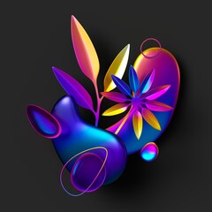 3d render, abstract black background with colorful iridescent glass shapes, smooth pebble and holographic foil tropical leaves