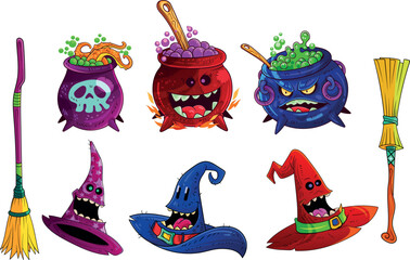 Witch pots, magic hats and brooms. Vector illustration set for halloween.