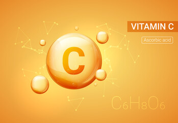 Vitamin C bubble background collagen serum pill drop icon. Skin vector health acid yellow vitamin c concept. - obrazy, fototapety, plakaty