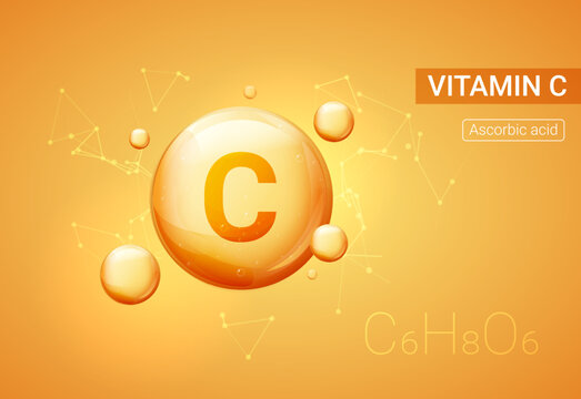 Vitamin C bubble background collagen serum pill drop icon. Skin vector health acid yellow vitamin c concept.