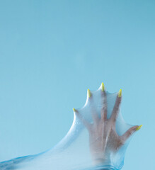 Obraz premium Beautiful woman's hand with yellow nail isolated on pastel blue background. Minimal aesthetic fingers concept.