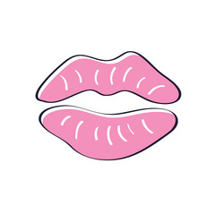 Bold sexy pink lips or lipstick kiss isolated cartoon vector doodle illustration