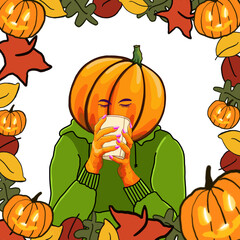 Pumpkin head figure wearing plush green hoodie sweater sips hot seasonal drink from medium white cup illustration hand drawn with transparent background Jack O Lantern frame