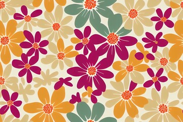Fototapeta premium Trendy bright Floral pattern in the many kind of flowers. Botanical Motifs scattered random. Seamless 2d illustration texture. Scandinavian style wallpaper.